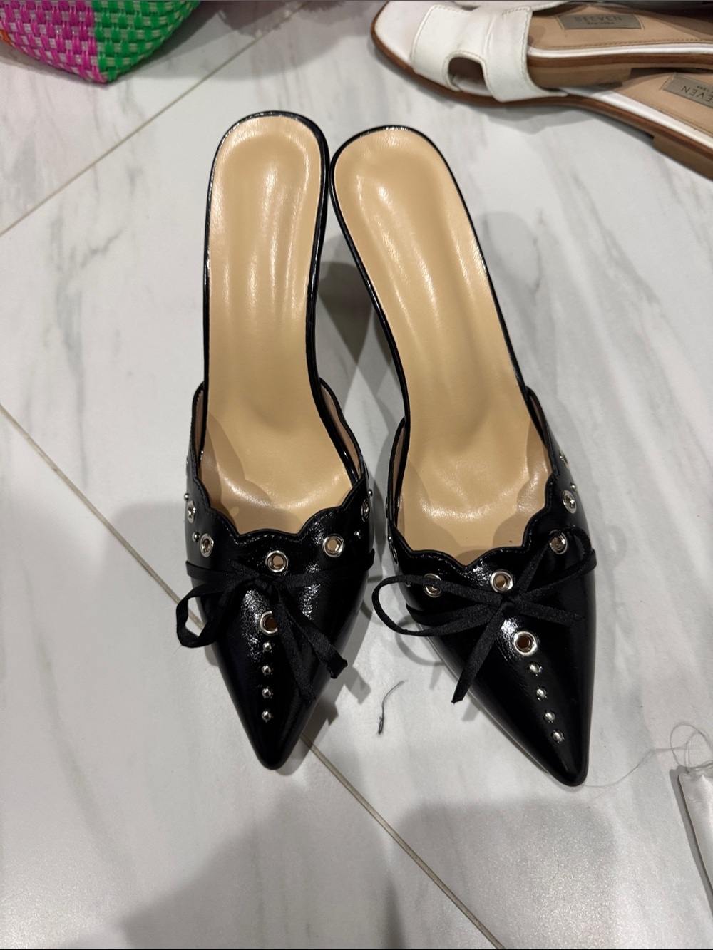 SHEIN Black Pointed Stud & Bow Mule Heels Shae size 41